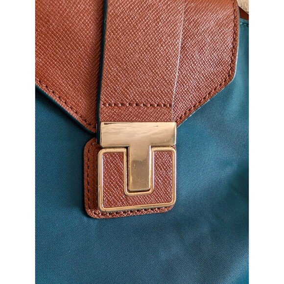 Tory Burch Penn Nylon Faux Leather 14" Tote Shoulder Bag Teal Brown GUC - Picture 8 of 16